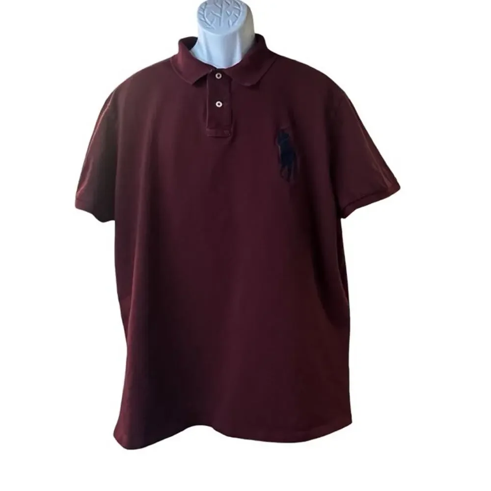 Polo Ralph Lauren Polo Shirt Men's XXL Burgundy Big Pony 3 Patch Custom Slim Fit